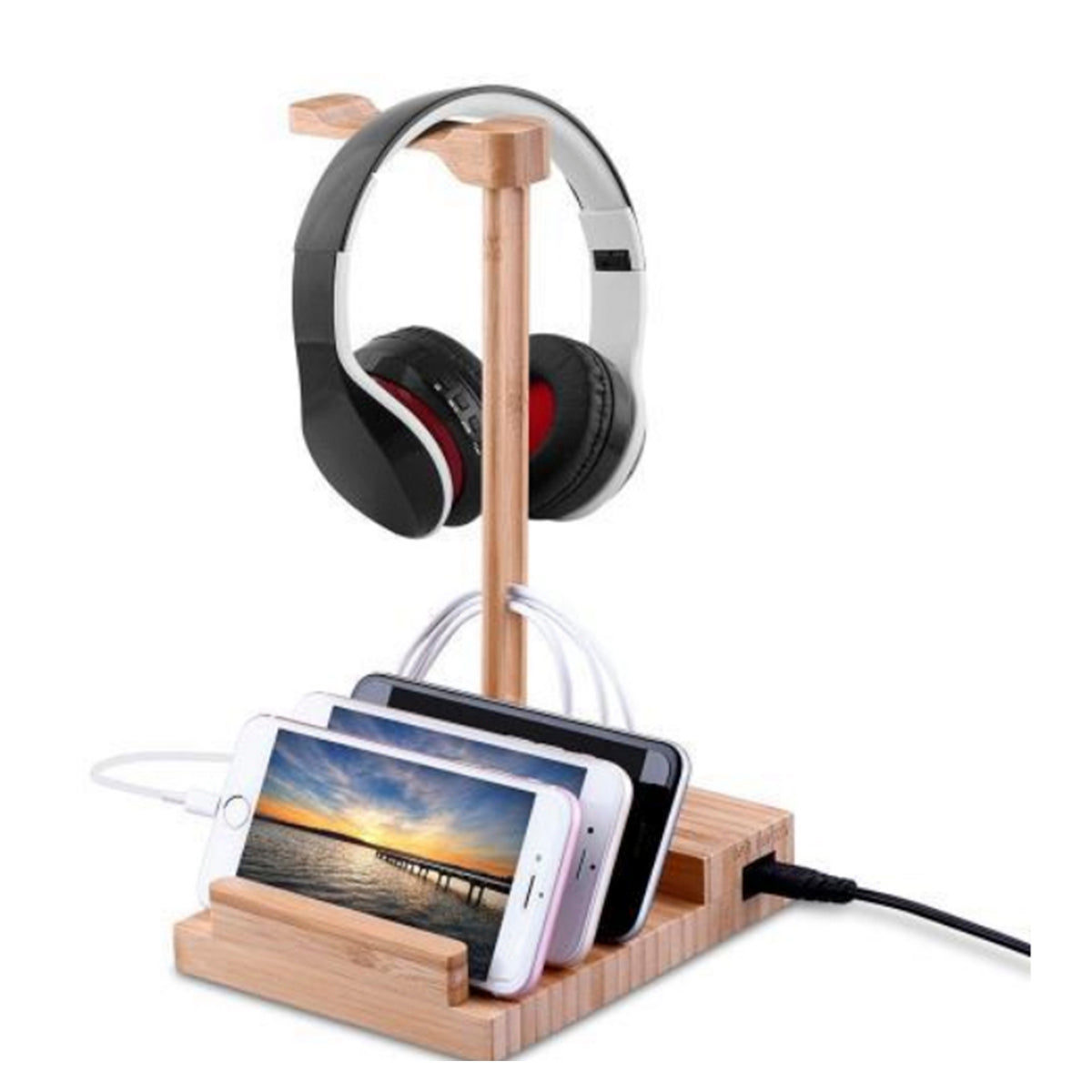 2 in 1 Bamboo Wood Charging Station Stand 3 USB for iPhone & Main image