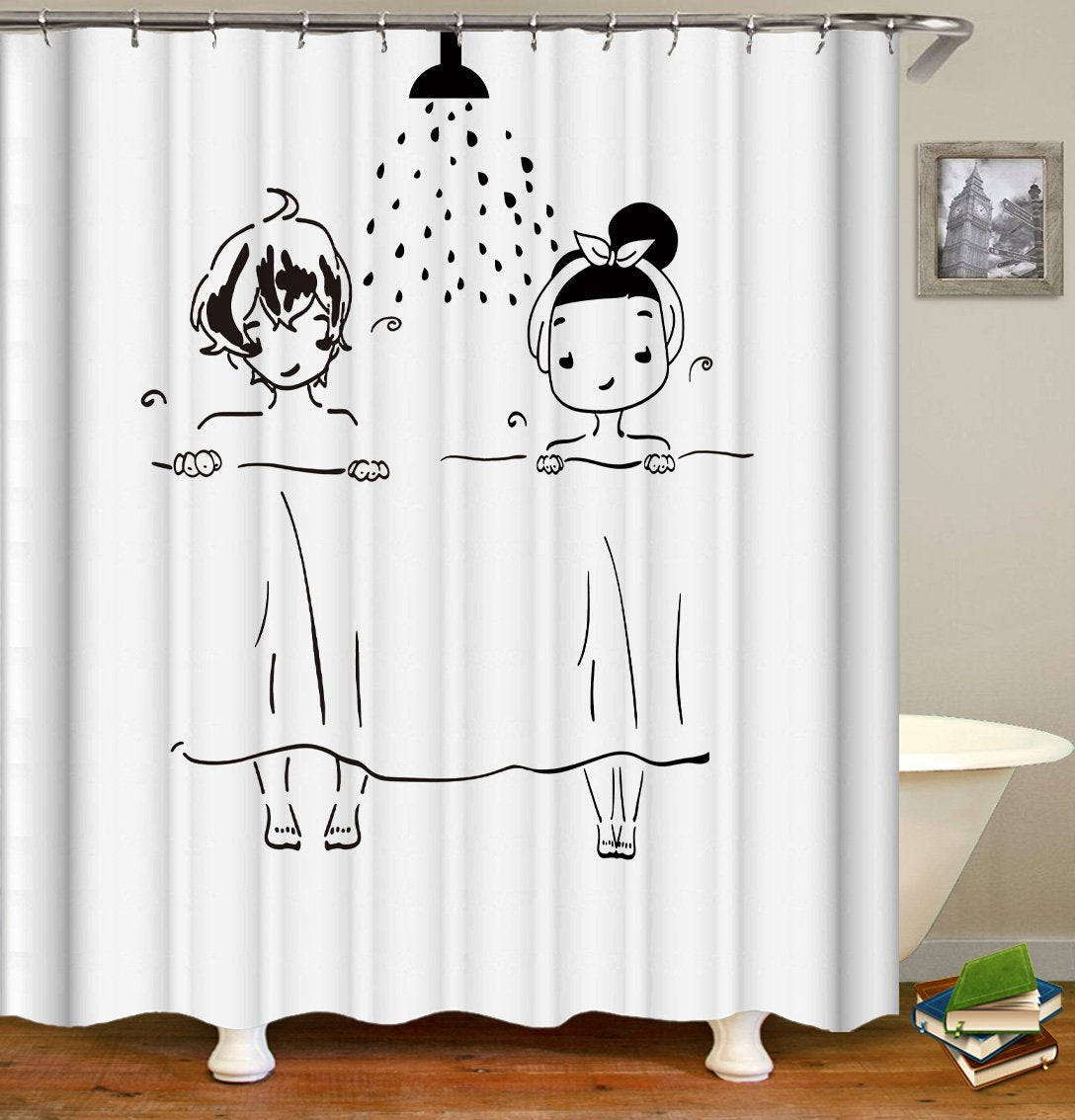 Couples Shower Black And White Drawing Shower Curtain Main image