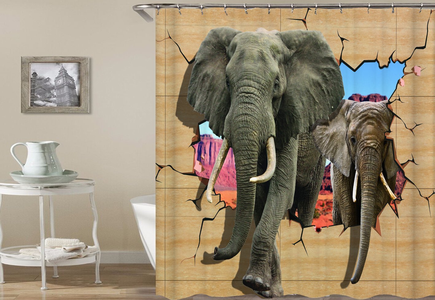 Elephants Breaking A Wall Shower Curtain Main image