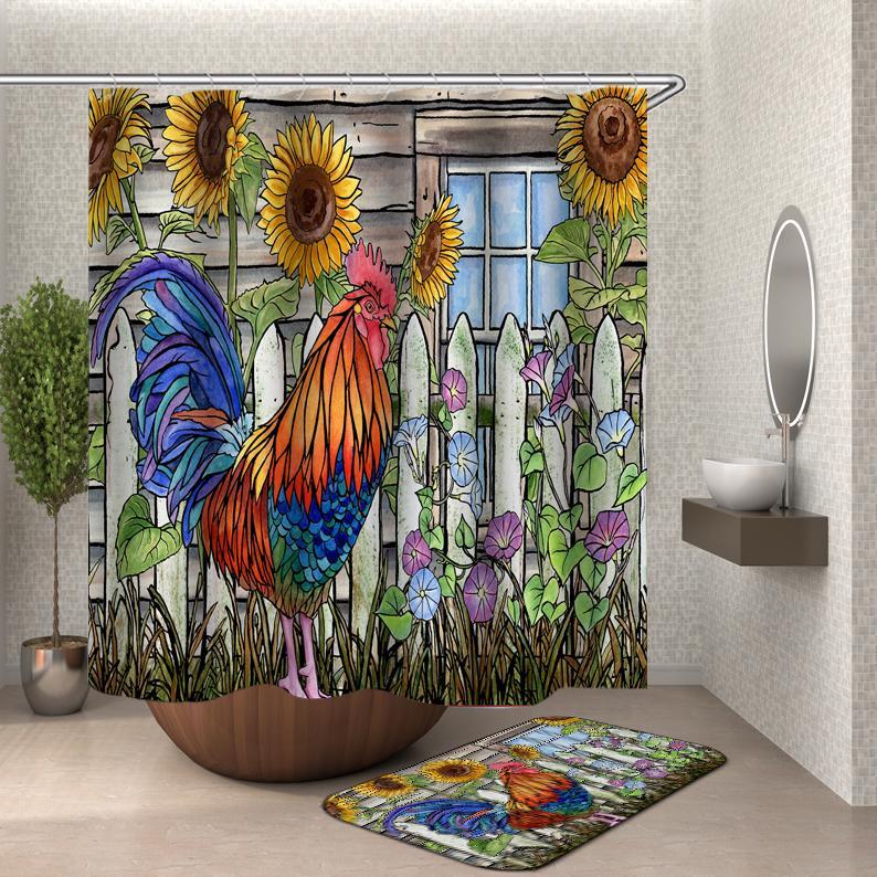 Sunflowers And Rooster Painting Shower Curtain Main image