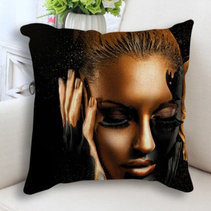 Abstract Black Gold Woman Face Print Cushion Cover