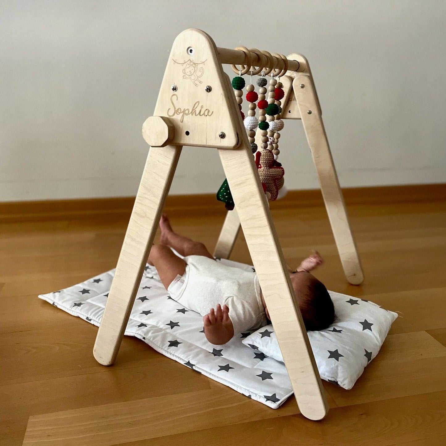 Montessori Baby Gym & Hanging Toys Set | Wooden Play Gym for Babies -
