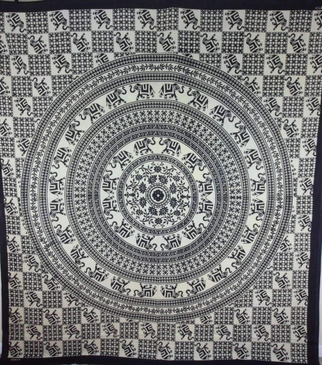 Checkerboard Floral & Elephant Mandala Tapestry Main image