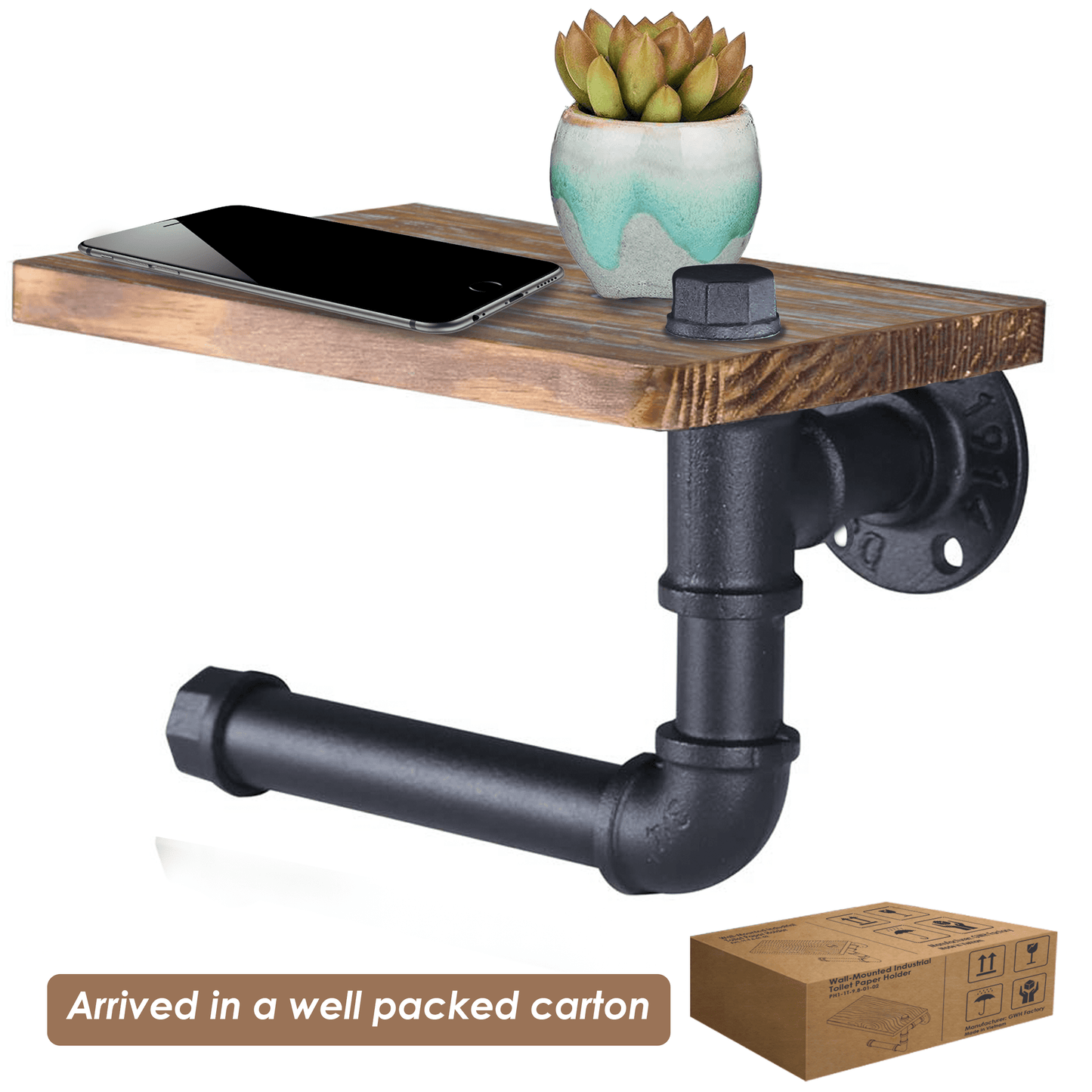 (9.8 in - Rustic Brown) Industrial Toilet Paper Holder with Shelf,