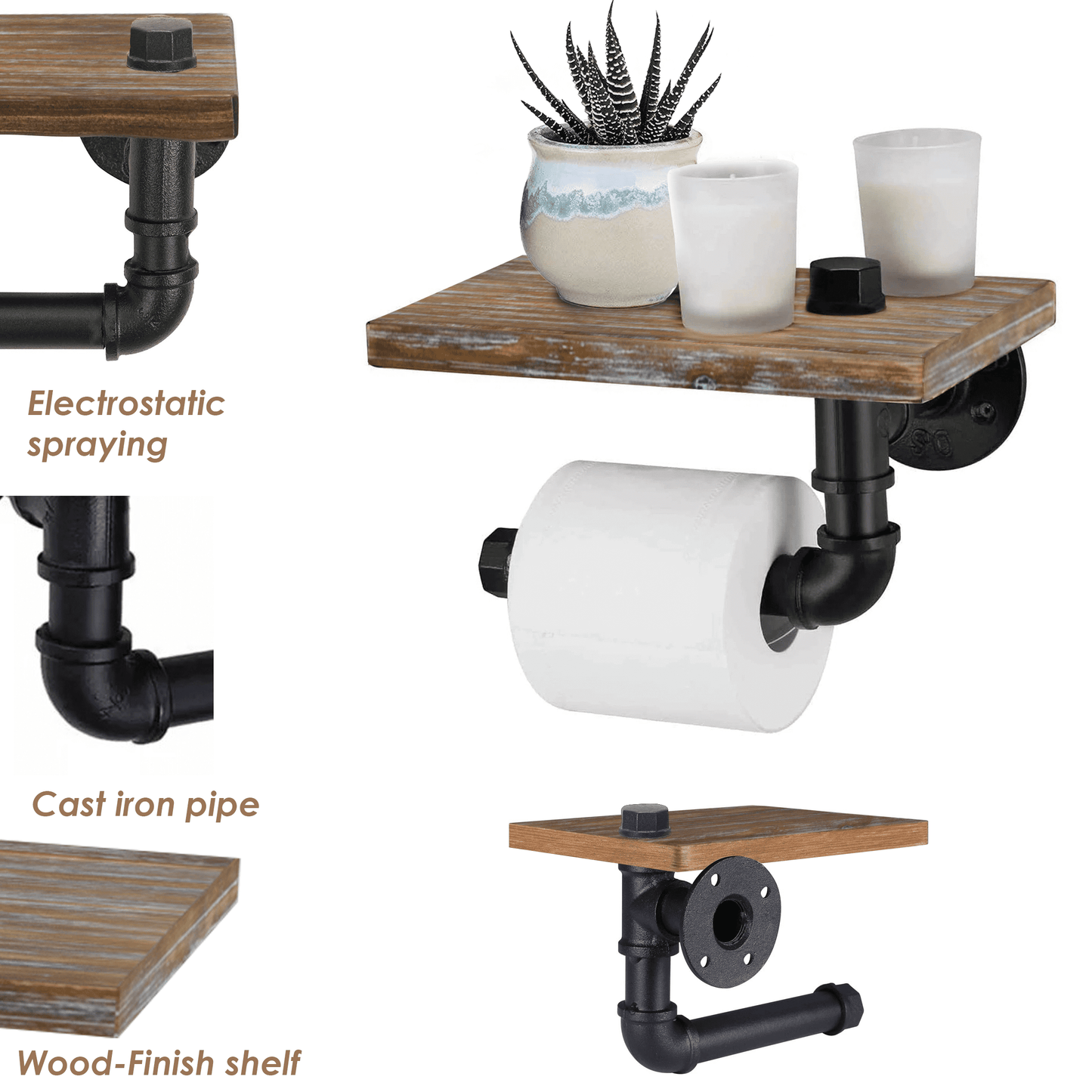 (9.8 in - Rustic Brown) Industrial Toilet Paper Holder with Shelf,