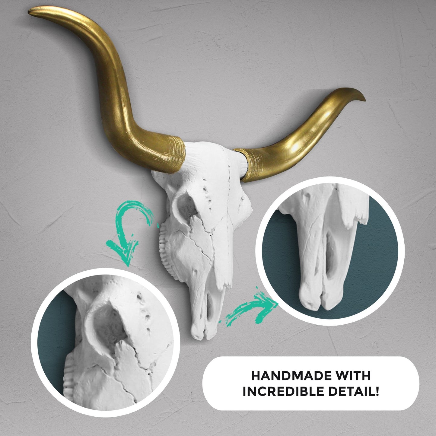 White + Gold Mini Faux Longhorn Skull, 20"
