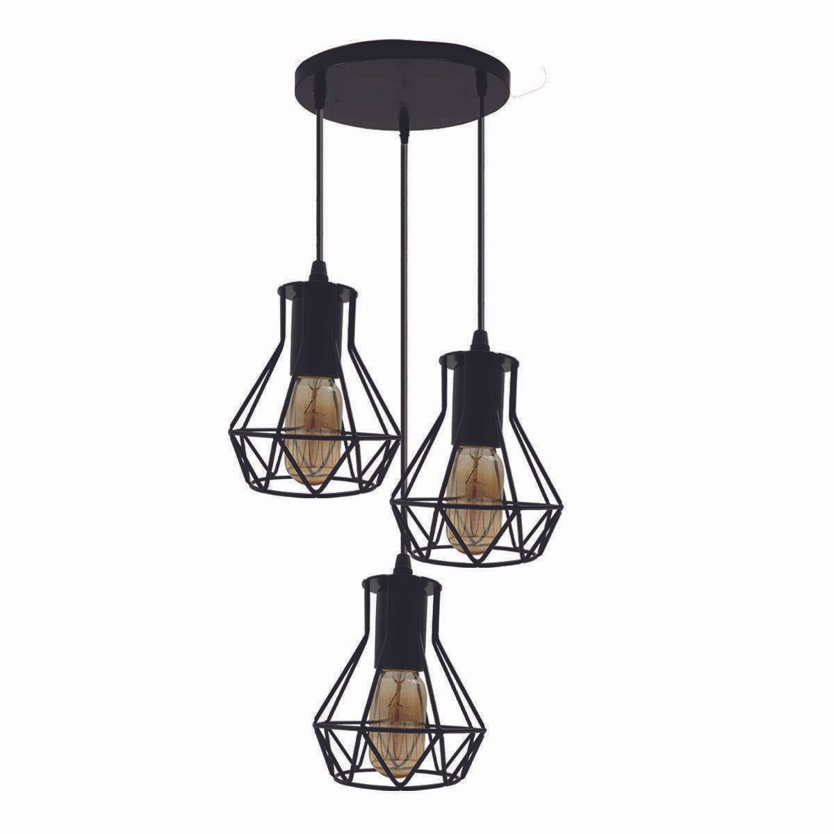 Modern Ceiling 3 Head Pendant Light Fitting Metal Black Cage~2471