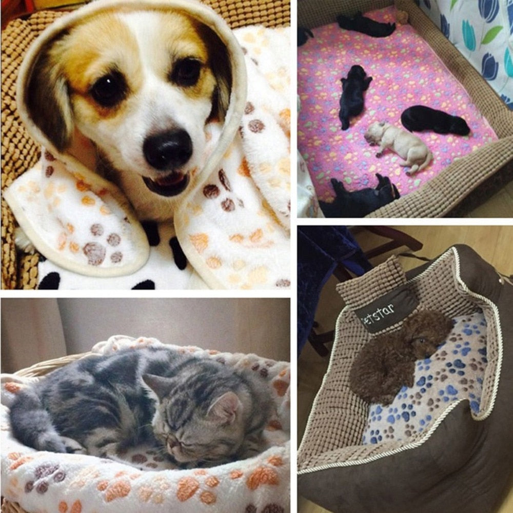 Cute Dog Bed Mats Soft Flannel Fleece Paw Foot