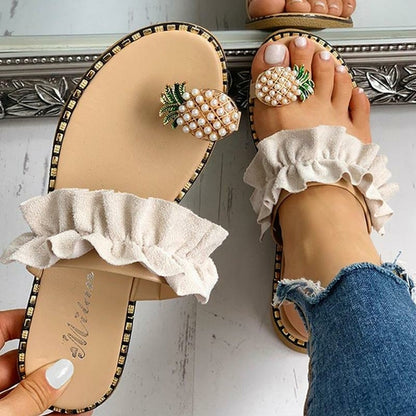 2021 Summer Beach Pineapple Flat Slippers Outside Slides Ladies Shoes