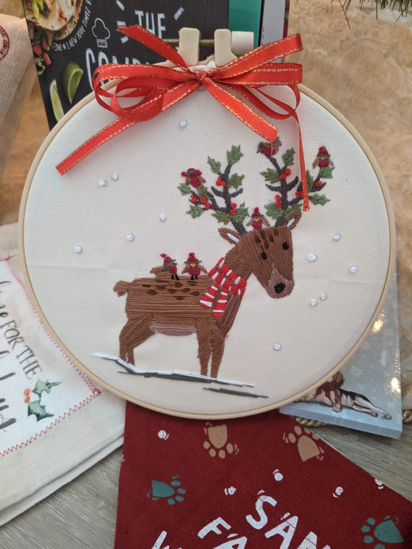 Handmade reindeer embroidered hoop/wall decor