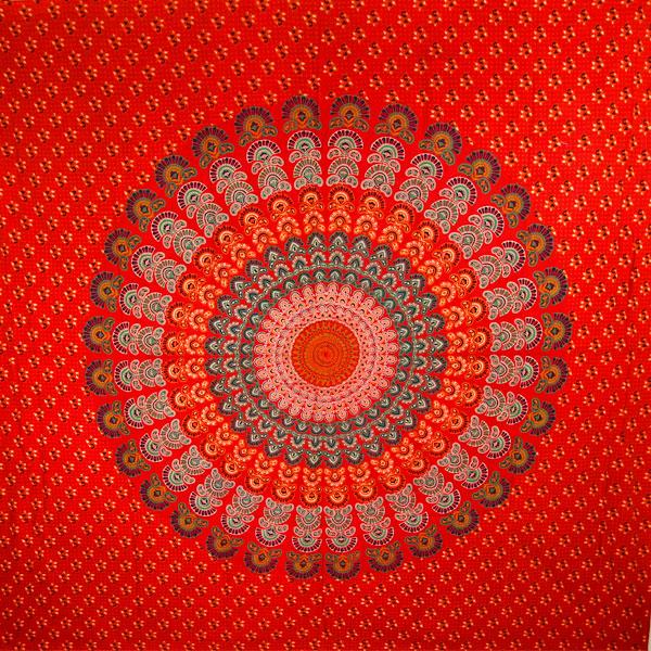 Red Peacock Dance Mandala Tapestry