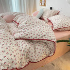 INS Girls Cherry Bedding Set Soft Washed Cotton Bed Sheet Queen King