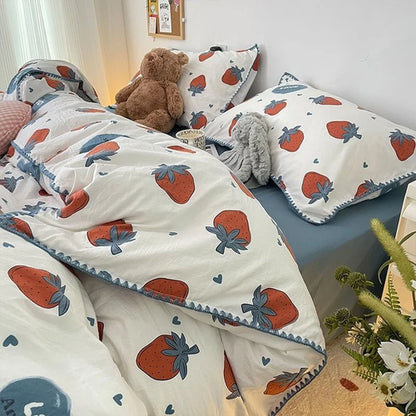 INS Girls Cherry Bedding Set Soft Washed Cotton Bed Sheet Queen King