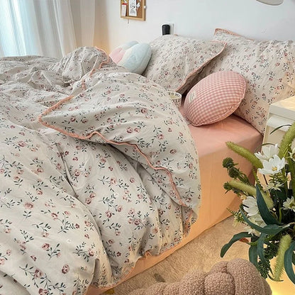 INS Girls Cherry Bedding Set Soft Washed Cotton Bed Sheet Queen King