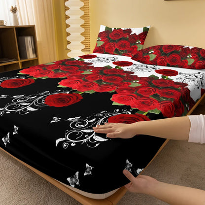 1 piece of delicate red rose patterned frosted bedsheet, bedroom