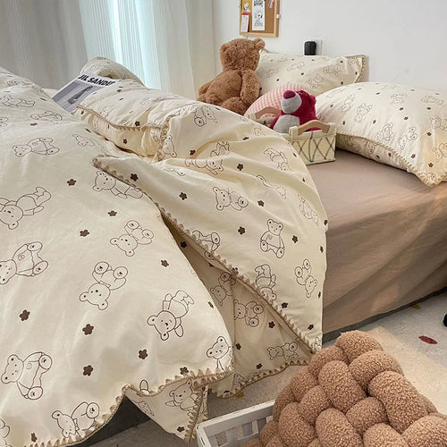 INS Girls Cherry Bedding Set Soft Washed Cotton Bed Sheet Queen King