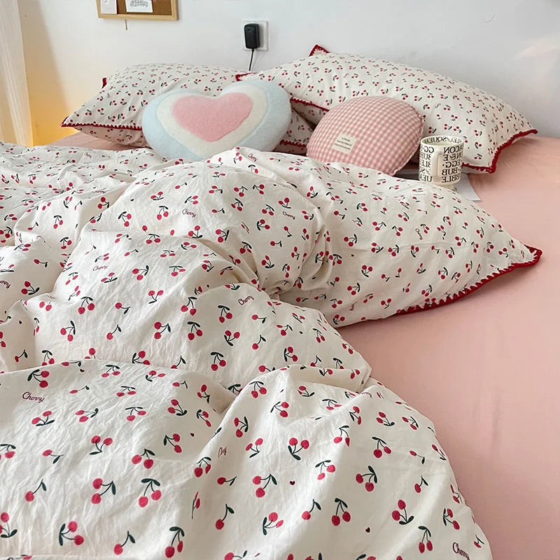 INS Girls Cherry Bedding Set Soft Washed Cotton Bed Sheet Queen King