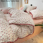 INS Girls Cherry Bedding Set Soft Washed Cotton Bed Sheet Queen King