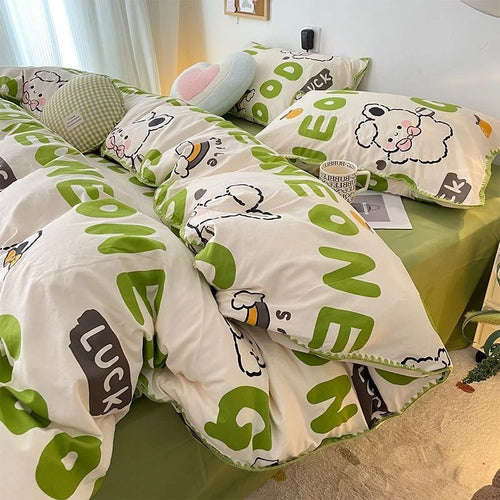INS Girls Cherry Bedding Set Soft Washed Cotton Bed Sheet Queen King