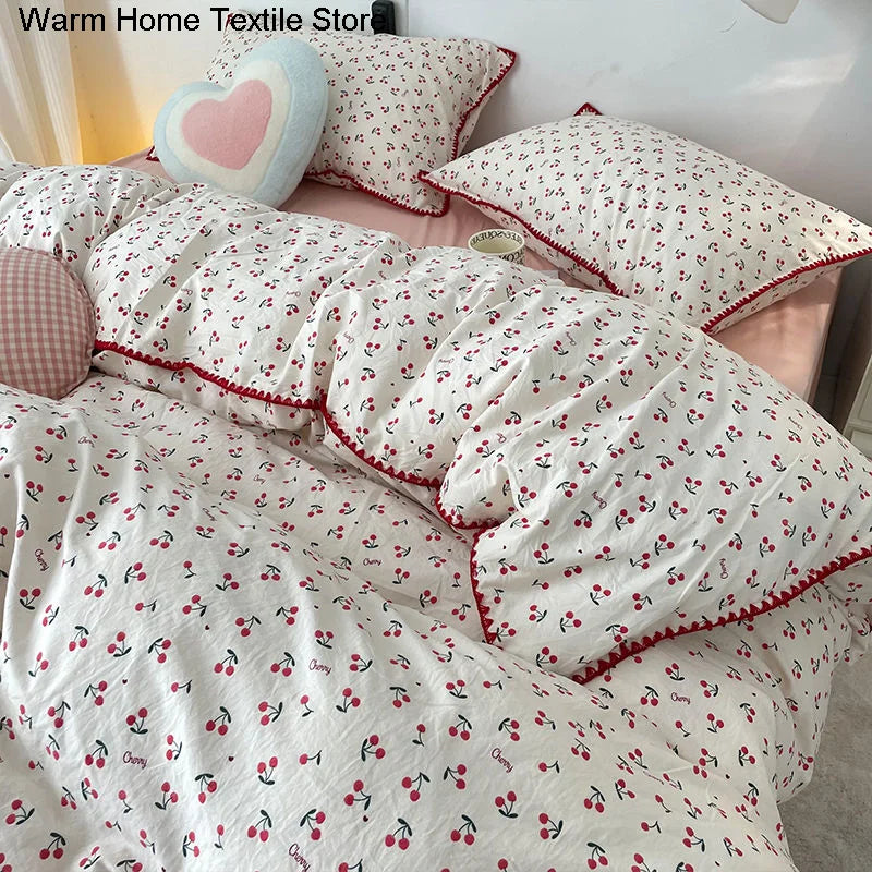 INS Girls Cherry Bedding Set Soft Washed Cotton Bed Sheet Queen King