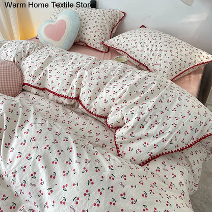 INS Girls Cherry Bedding Set Soft Washed Cotton Bed Sheet Queen King
