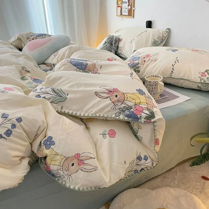 INS Girls Cherry Bedding Set Soft Washed Cotton Bed Sheet Queen King