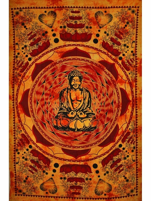 Saffron Buddha In Dharma Chakra Mudra On A Lotus Flower Tapestry Secondary image