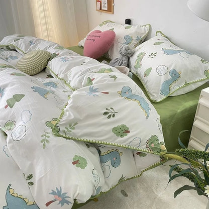 INS Girls Cherry Bedding Set Soft Washed Cotton Bed Sheet Queen King