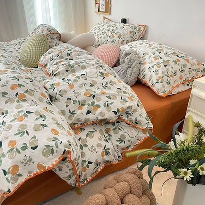 INS Girls Cherry Bedding Set Soft Washed Cotton Bed Sheet Queen King