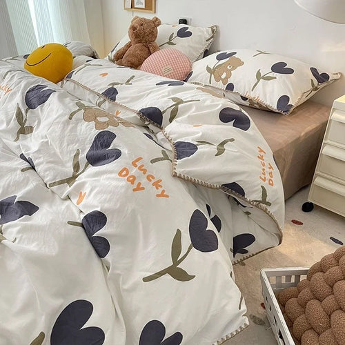 INS Girls Cherry Bedding Set Soft Washed Cotton Bed Sheet Queen King