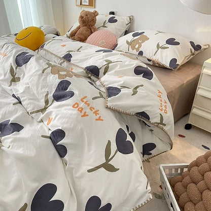 INS Girls Cherry Bedding Set Soft Washed Cotton Bed Sheet Queen King