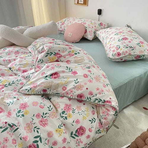 INS Girls Cherry Bedding Set Soft Washed Cotton Bed Sheet Queen King
