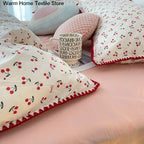 INS Girls Cherry Bedding Set Soft Washed Cotton Bed Sheet Queen King