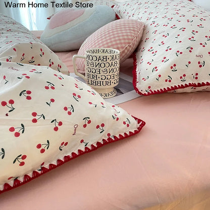 INS Girls Cherry Bedding Set Soft Washed Cotton Bed Sheet Queen King