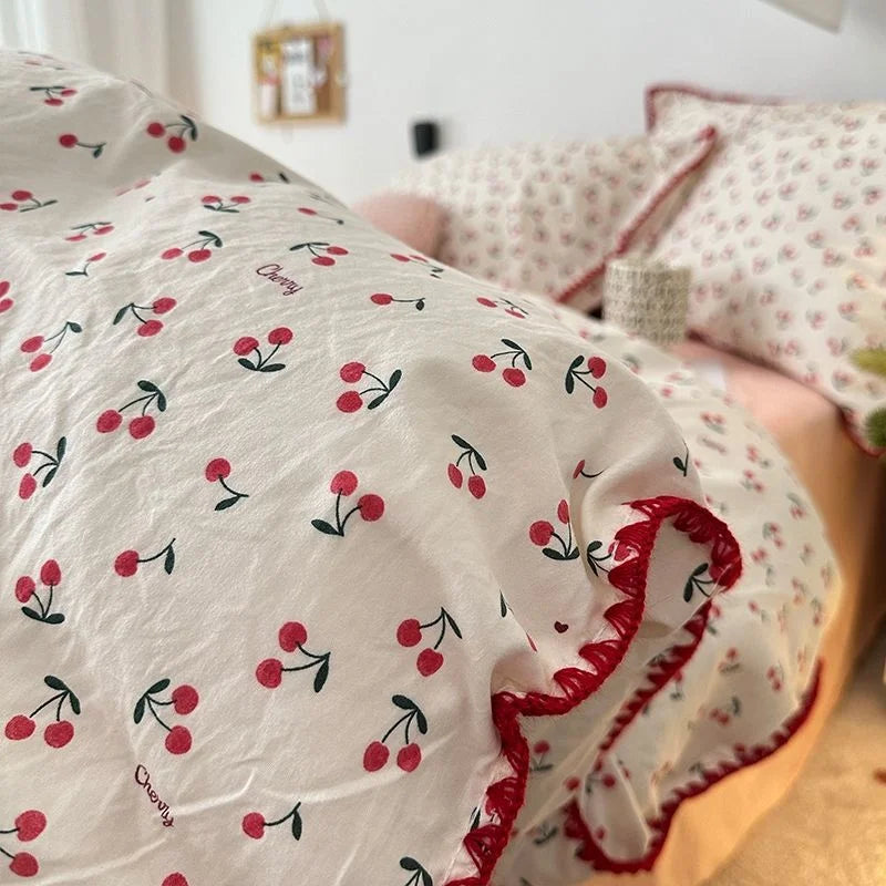 INS Girls Cherry Bedding Set Soft Washed Cotton Bed Sheet Queen King