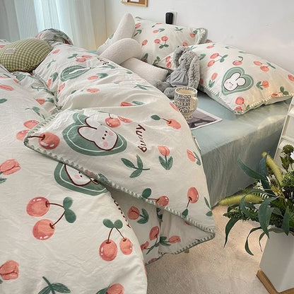 INS Girls Cherry Bedding Set Soft Washed Cotton Bed Sheet Queen King