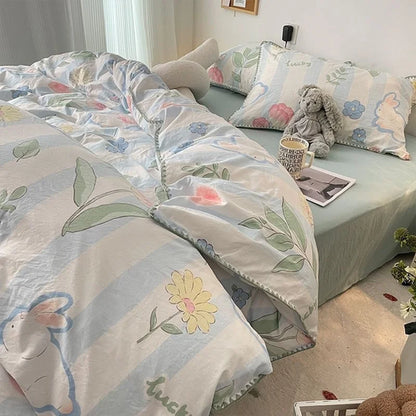 INS Girls Cherry Bedding Set Soft Washed Cotton Bed Sheet Queen King