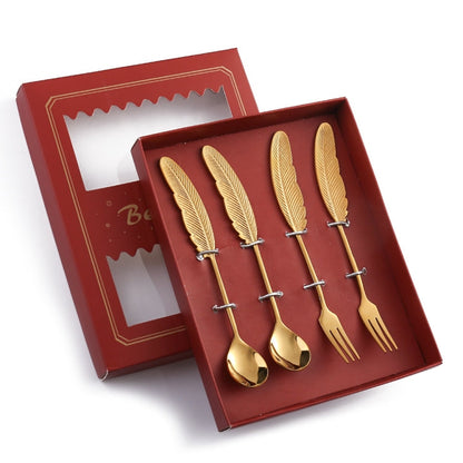 304 Stainless Steel Feather Spoon Fork Literary Tableware,Style: 4 In