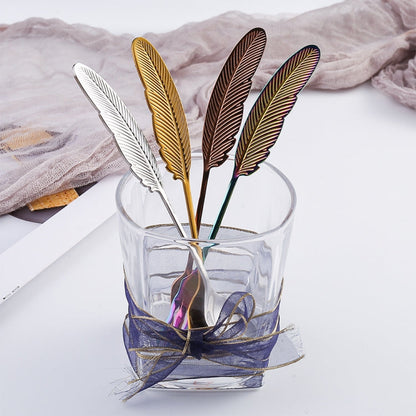 304 Stainless Steel Feather Spoon Fork Literary Tableware,Style: 4 In