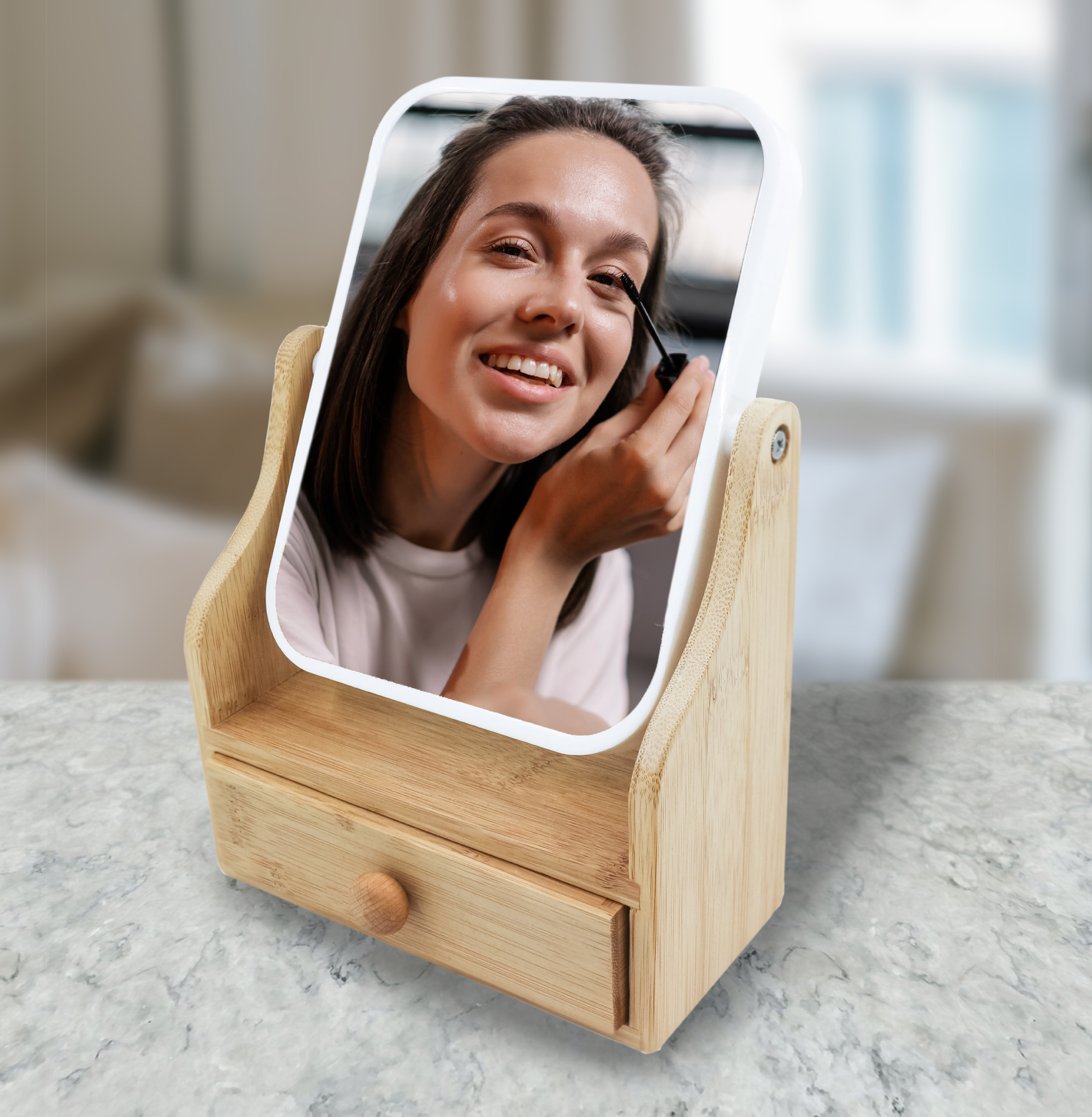 Dual-Sided Vanity Mirror with Bamboo Drawer Base Secondary image