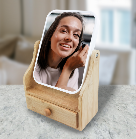 Dual-Sided Vanity Mirror with Bamboo Drawer Base