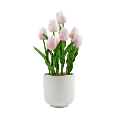 Flowering Pink Artificial Tulip Plant Arrangement With Ceramic Bowl