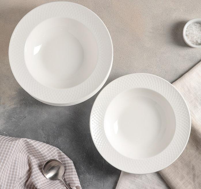 White Porcelain Deep Plate With Embossed Wide Rim 9" inch | For soup, Main image