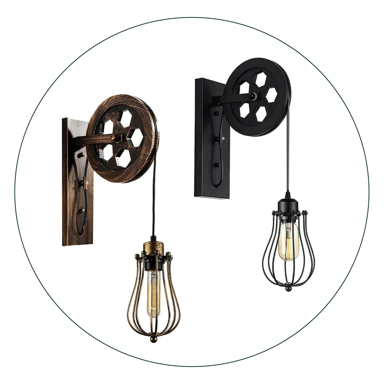 Retro Industrial Pulley Wheel Wall Light Fixture Metal Balloon Cage Main image