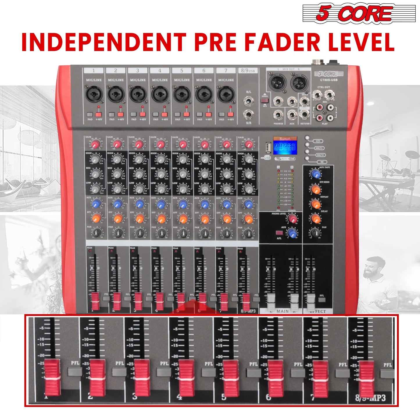 5 Core Audio Mixer 8 Channel DJ Equipment with Bluetooth USB Sound