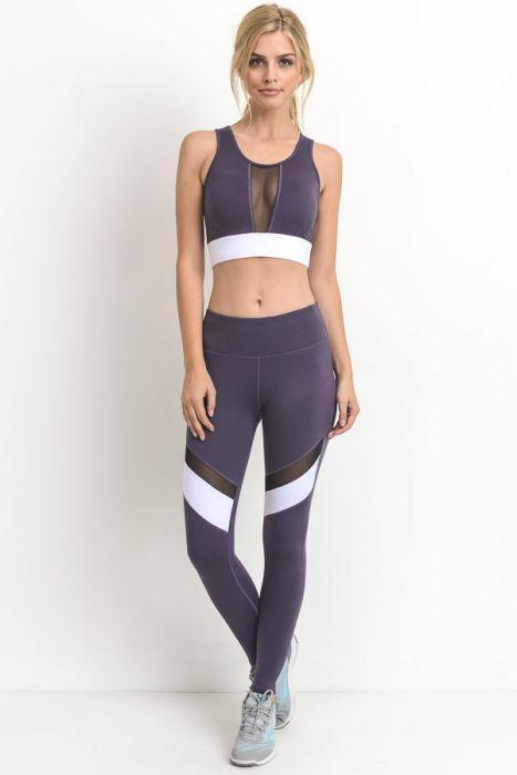 Colorblock Mesh Full Leggings - Dark Violet