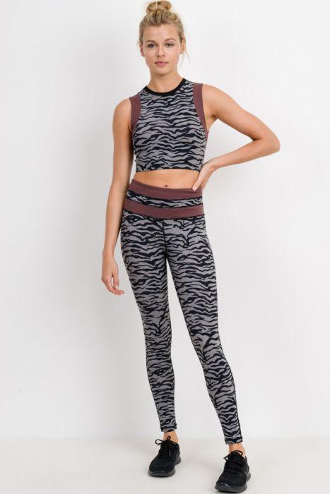 Grey Tiger Print Highwaist Leggings with Striped Band