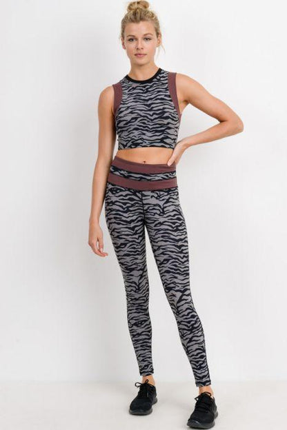 Grey Tiger Print Highwaist Leggings with Striped Band
