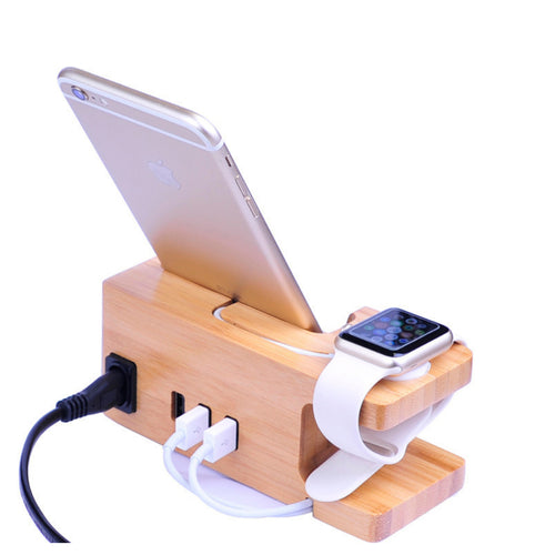 2 in 1 Bamboo Wood Charging Station Stand 3 USB for iPhone & Secondary image