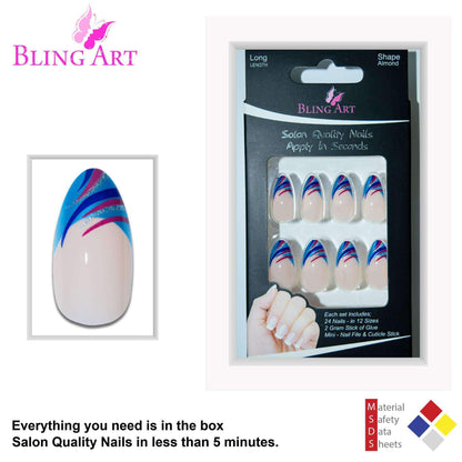 False Nails by Bling Art Glitter Blue 24 Almond Stiletto Long Fake
